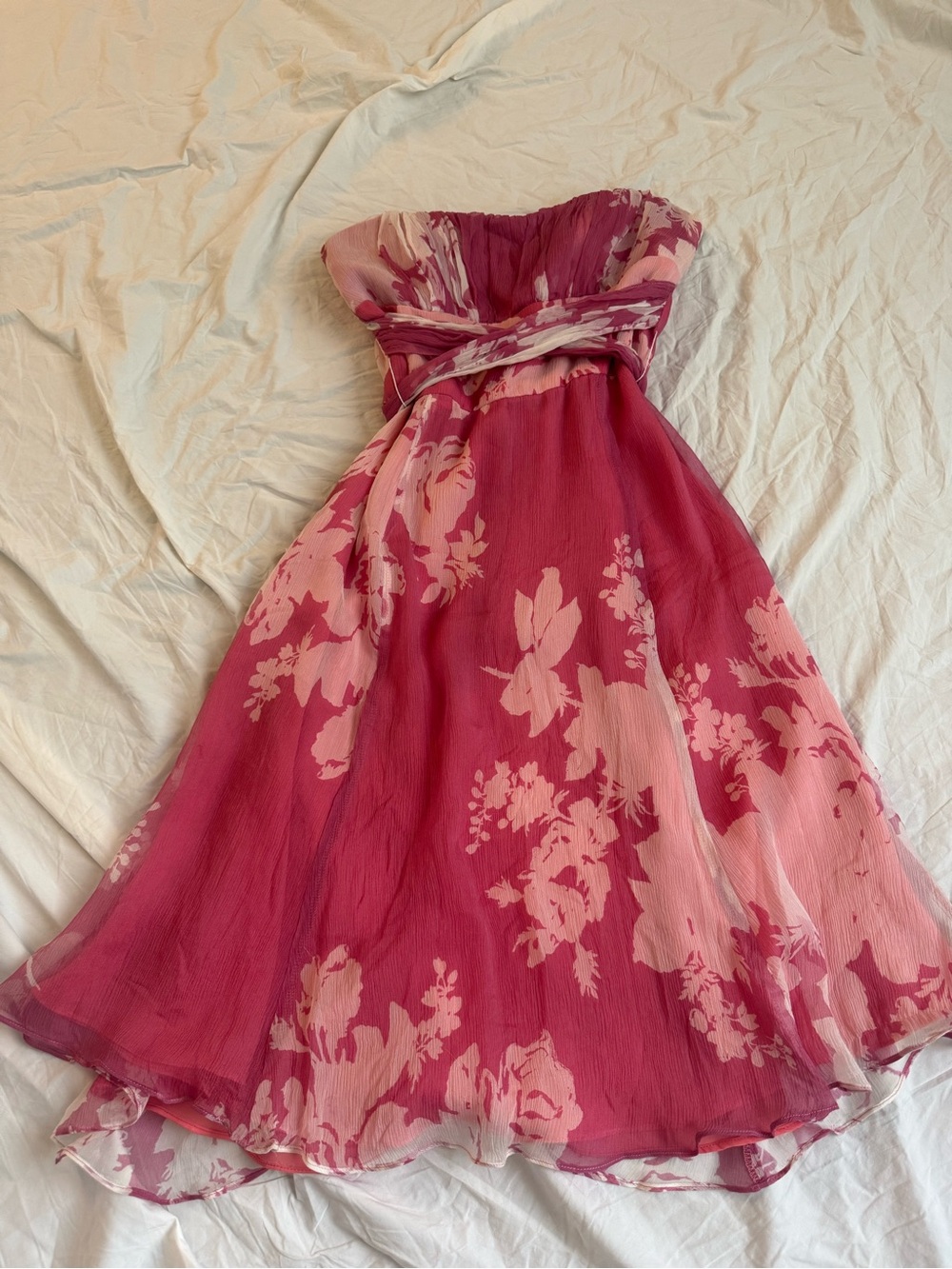 Strapless Pink Floral Chiffon Dress